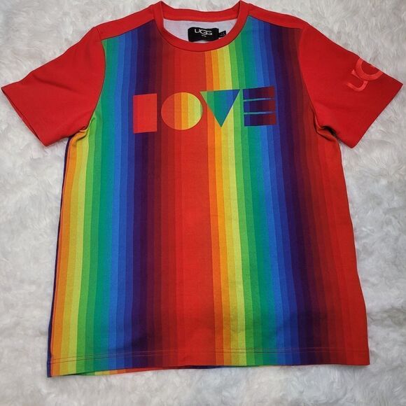 UGG Love Rainbow Striped T-Shirt SZ S Pride Multicolor Short Sleeve Cotton - Picture 1 of 10